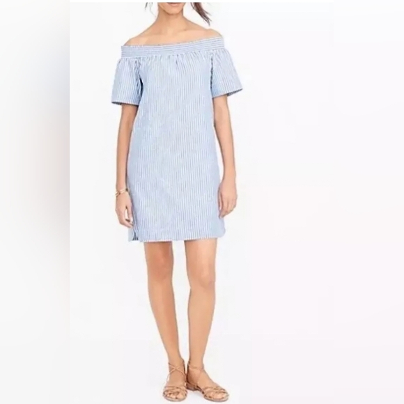 J Crew Size 10 Chambray Blue/White Stripe Dress w/Elastic Neckline Off Shoulder - Picture 1 of 12